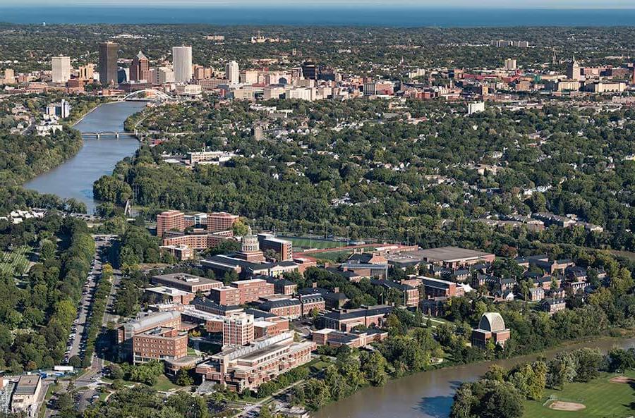 Aerial image over Rochester, a tier one research university